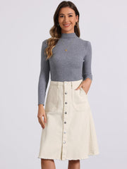 Allegra K Women's Denim Skirts Raw Hem Button Down Midi Jeans Skirt
