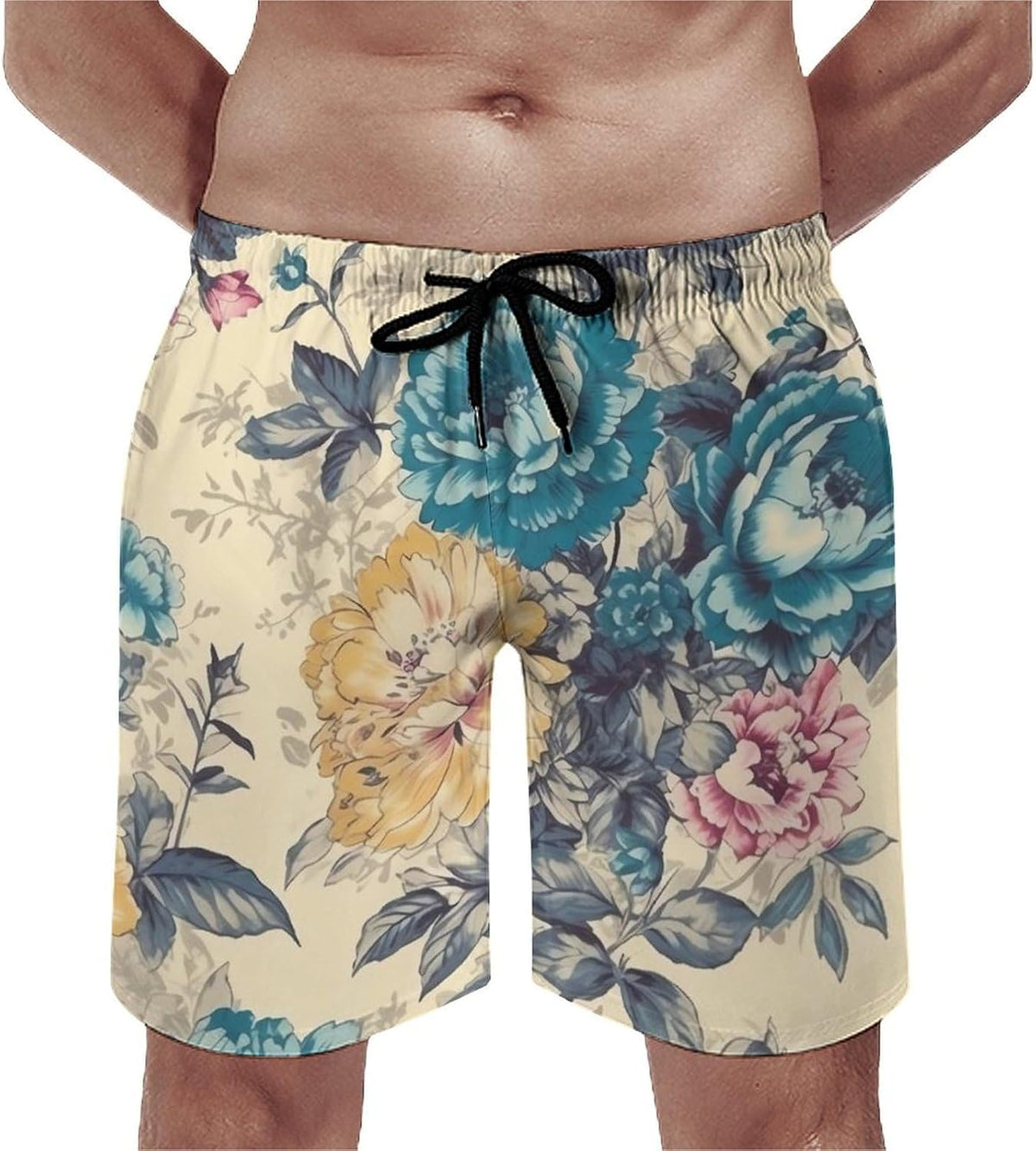 Men's Swim Trunks Bright Blue Flowers Beach Shorts Quick Dry Summer Bathing Suit Swimwear Beachwear with Pockets