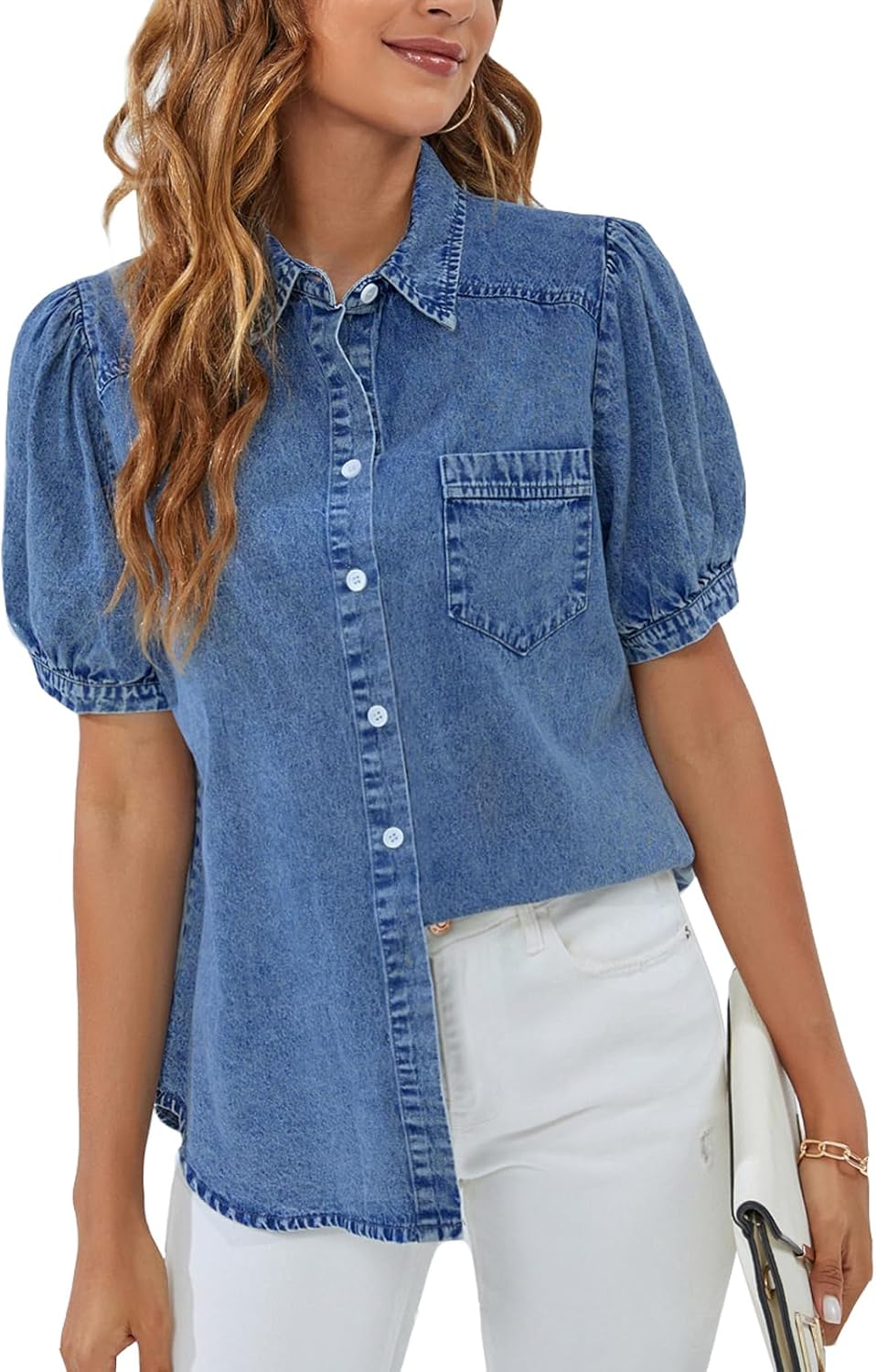 BMJL Womens Denim Shirt Business Casual Button Down Work Blouses Puff Sleeve Summer Tops