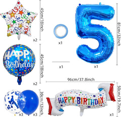 Happy 5th Birthday Balloon Colorful Banner Balloons Set 5th Year Old Birthday Blue Theme 5 Balloon Number 5 Foil Mylar Balloons Kids 5 Party Balloons Confetti Latex Mylar Balloons Party Supplies