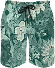 Men's Swim Trunks Green Flowers Beach Shorts Quick Dry Summer Bathing Suit Swimwear Beachwear with Pockets