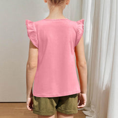 Girls Summer Cute Flutter Sleeve T-Shirts Kids Trendy Casual Loose Fit Crewneck Tunic Tops Blouse for 3-13 Years