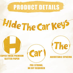Hide The Car Keys Banner, Glitter Gold Pre-Strung 16th Birthday Banner Funny 15th & 16th Birthday Party Supplies for Boys Girls Photo Background Gifts