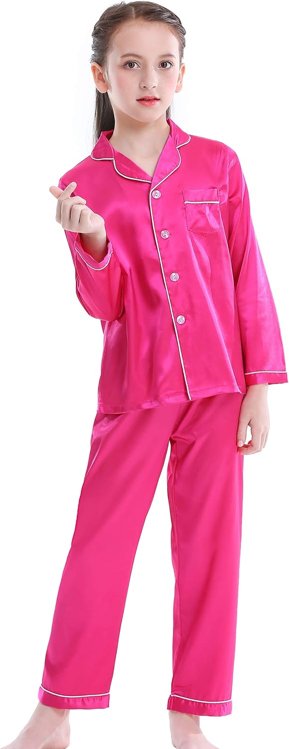 Girls Boys Satin Long Sleeve Button-Down Pajamas Set Sleepwear Loungewear