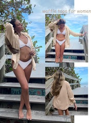 HOTOUCH Waffle Button Down Shirts for Women Dressy Casual Work Shacket V Neck Long Sleeve Lightweight Tops with Pocket