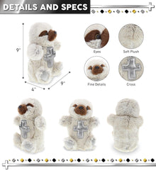 DolliBu Sloth Hand Puppet Stuffed Animal with Silver Cross and Personalization - Religious Baptism Gifts for Boys and Girls, Dedication Christening Gifts Plush Prayer Toy Healing Teddy Bear - 9 Inches