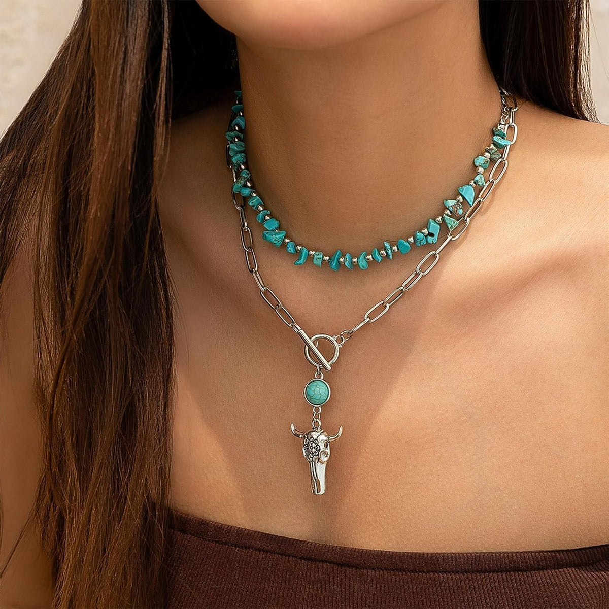 Layered Turquoise Cow Necklace Western Country Boho Jewelry for Women