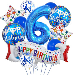Happy 6th Birthday Balloon Colorful Banner Balloons Set 6th Year Old Birthday Blue Theme 6 Balloon Number 6 Foil Mylar Balloons Kids 6 Party Balloons Confetti Latex Mylar Balloons Party Supplies