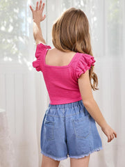 OYOANGLE Girl's Casual Solid Ruffle Trim Cap Sleeve Square Neck Cute Crop Tank Tops T-Shirts