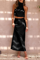 PRETTYGARDEN Women's 2 Piece Satin Outfits Summer Sleeveless Mock Neck Crop Tops and Long Skirt Dress Sets