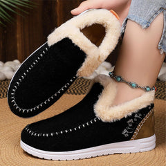 Women Winter Plush Lined Flat Shoes Comfy Orthopedic Arch Support Outdoor Walking Short Boots Non Slip Fuzzy Cozy Booties (7.5,Black)