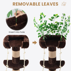 SHA CERLIN 55 Inches Cat Tree Tower with Leaves/Cozy Perches with Scratching Post for Indoor Kittens and Adults Cats/Sisal Rope and Simulated Lawn with Wide Base/Brown & Green