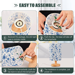 Elegant Blue Floral Bedside Table Lamp Small Desk Lamps Linen Fabric Shade Decorative Nightstand Lamp LED with USB Port Wood Base for Bedroom Living Room