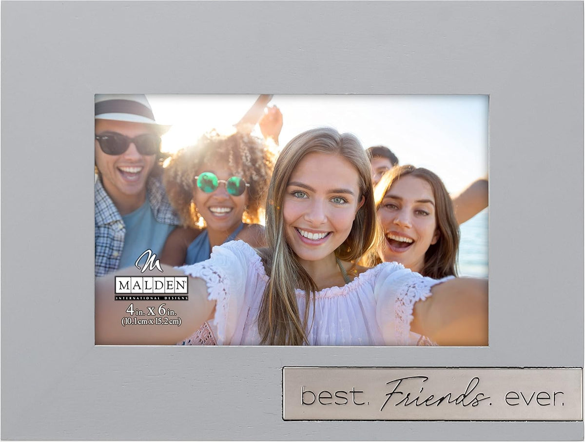 Malden International Designs 4x6 Best Friends Ever Picture Frame Light Gray Wood Grain MDF Frame Silver Finish Diecast Metal Inset Attachment