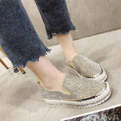 HINDOLA Women's Sparkly Fashion Sneakers Rhinestone Slip on Flatform Loafers Low Top Bling Casual Walking Shoes
