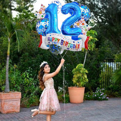 Happy 12th Birthday Balloon Colorful Banner Balloons Set 12th Year Old Birthday Blue Theme 12 Balloon Number 12 Foil Mylar Balloons Kids 12 Party Balloons Confetti Latex Mylar Balloons Party Supplies