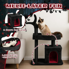 Gothic Cat Tree, Halloween Black Goth Cat Tower with Bat Toy & Playful Hole, Indoor Spooky Cat Trees Stand Climber Pole with Hanging Spiders Bats for Kitten, Black Red, Small