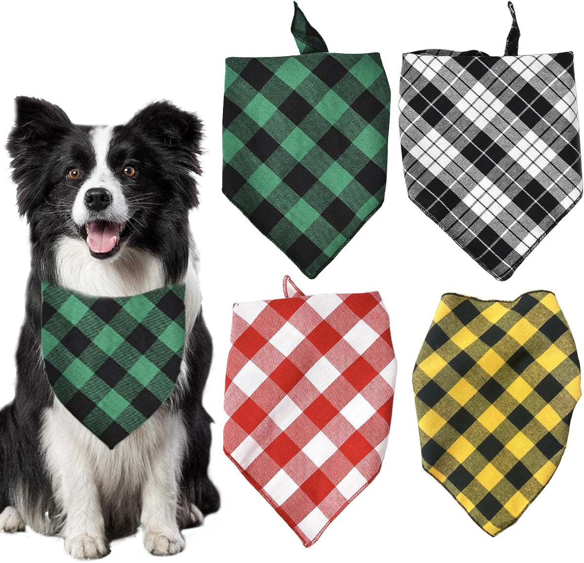 4 PCS Dog Bandana, Dog Bib, Triangular Double-Sided Adjustable, Pet Scarf Washable, Both Male and Female Pets Can Use (Red + Black and White + Yellow + Green)