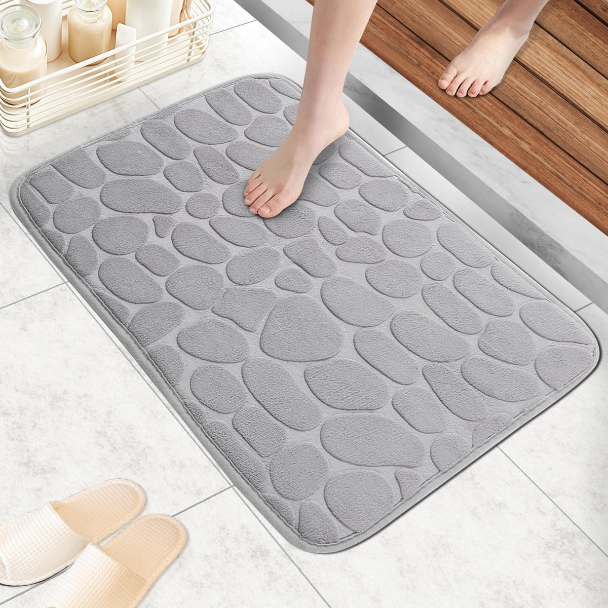1pc Soft and Comfortable Memory Foam Bath Rug, Comfortable Cobblestone Bathroom Rug, Super Water Absorbent Bath Rug, Machine Washable Bathroom Mat, Non Slip Rug Shower Floor Bathmat-Silver Grey