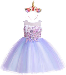 Weileenice Flower Girl Tulle Dress with Headband 3D Embroidery Rainbow Kids Pageant Birthday Wedding Party Dresses
