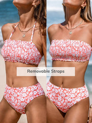 CUPSHE Bikini Set for Women Two Piece Swimsuit Bandeau Top Back Tie Mid Waisted Bottom with Removable Shoulder Straps