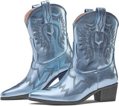 Cowboy Boots for Women Embroidered Metallic Ankle Western Cowgirl Boots Pointed Toe Chunky Heel