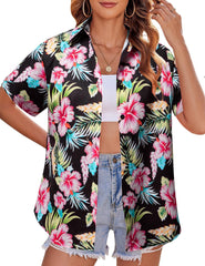MYHALF Women Hawaiian Shirt Soft Cool Summer Hawaii Shirts Floral Tropic Print V Neck T-Shirt Short Sleeve Button Up Tops