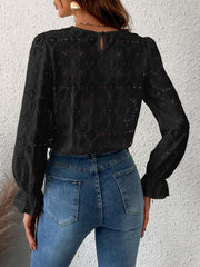 CUPSHE Women Eyelet Long Sleeve Tops Shirts Dressy Hollow Out Crochet Lace Embroidered Blouses 2025 Fashion