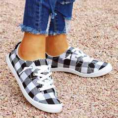 Hbeylia Canvas Shoes For Women Fashion Casual Plaid Lace Up Low Top Play Sneakers Lightweight Low Heels Slip On Flats Loafers Walking Shoes For Girls Running Outdoor Sports Driving