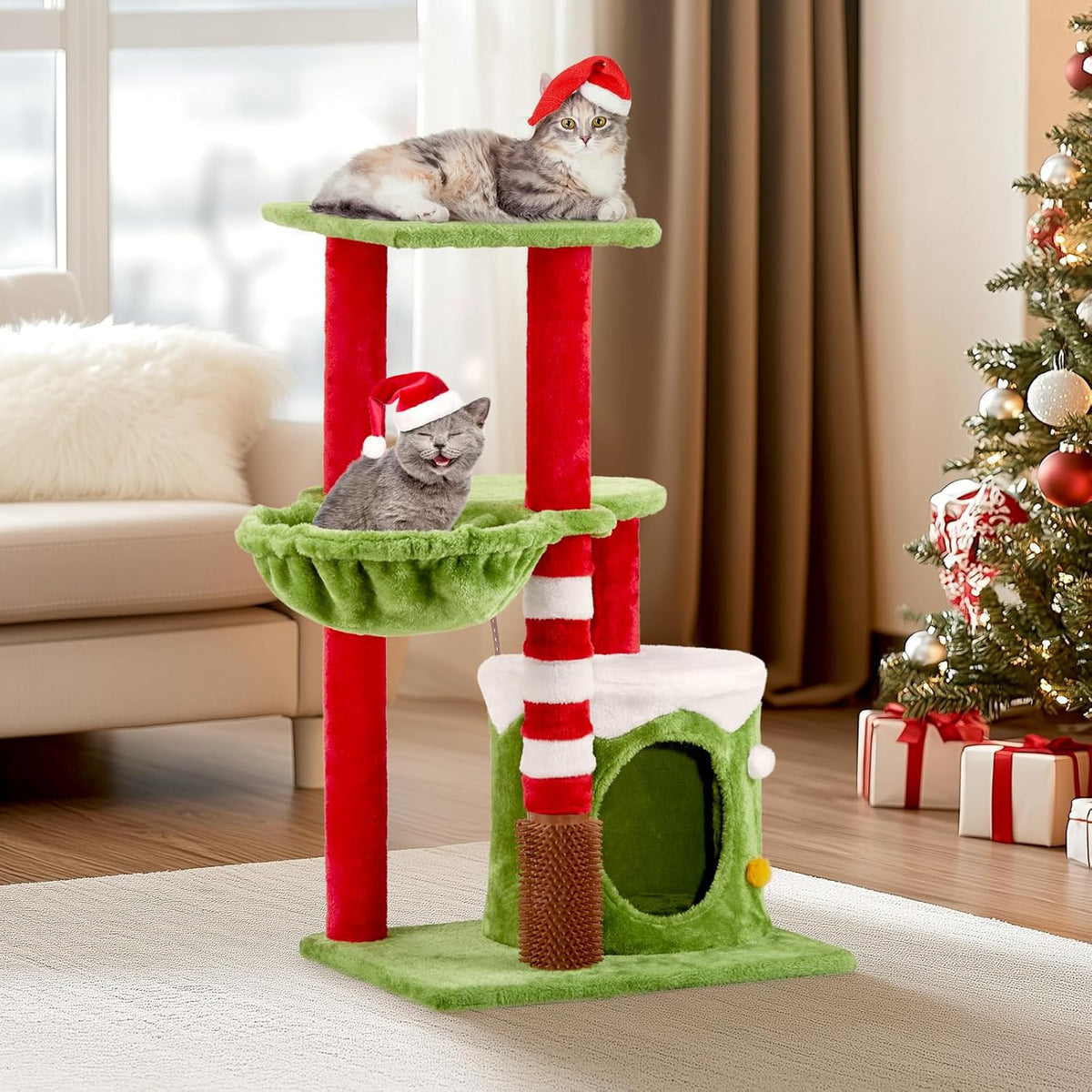 32in Cat Scratching Posts Tower with Cat Condo and Hammock, Christmas Themed Plush Cat Tree with Cat Massage Brush, Activity Center for Indoor Cats