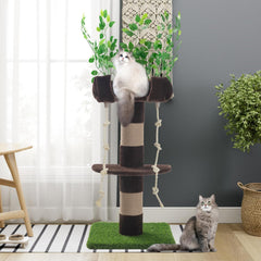 SHA CERLIN 55 Inches Cat Tree Tower with Leaves/Cozy Perches with Scratching Post for Indoor Kittens and Adults Cats/Sisal Rope and Simulated Lawn with Wide Base/Brown & Green