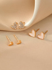 3 Pairs Heart Stud Earrings for Women, Rose Gold Plated Cubic Zirconia Heart Earrings, Elegance and Stylish Ear Studs, Ideal for Daily Wear and All Occasions, Fashion Jewelry (Gold)