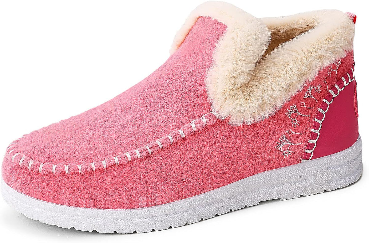 Women Winter Plush Lined Flat Shoes Comfy Orthopedic Arch Support Outdoor Walking Short Boots Non Slip Fuzzy Cozy Booties (10.5,Rose Red)