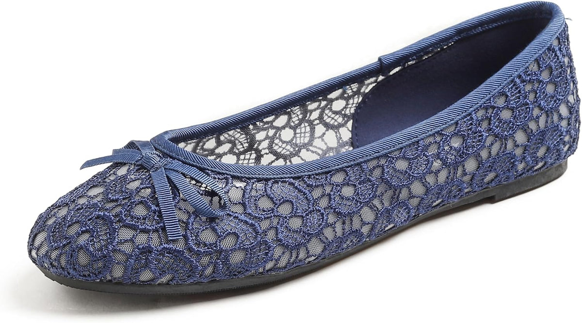FEVERSOLE Round Toe Lace Ballet Crochet Flats Women's Comfy Breathable Shoes