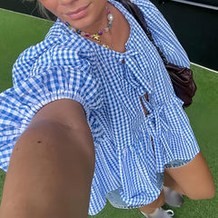 Tie Front Tops Women Summer Striped/Plaid Babydoll Top 3/4 Puffed Sleeve Cute Tops Ruffled Going Out Shirt Teen Girls