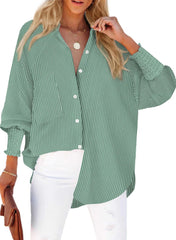 Womens Smocked Cuffed Striped Boyfriend Shirt Casual Collar Long Sleeve Oversized Button Down Blouse Tops with Pocket Shirred