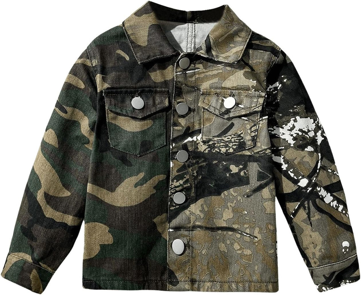 WDIRARA Boy's Camo Print Button Front Denim Jacket Casual Long Sleeve Outerwear Coat