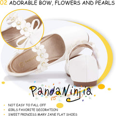 PANDANINJIA Toddler Girls Dress Shoes Flower Girl Flats Pearls Bow Mary Jane Wedding Party Flora Shoes