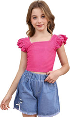 OYOANGLE Girl's Casual Solid Ruffle Trim Cap Sleeve Square Neck Cute Crop Tank Tops T-Shirts
