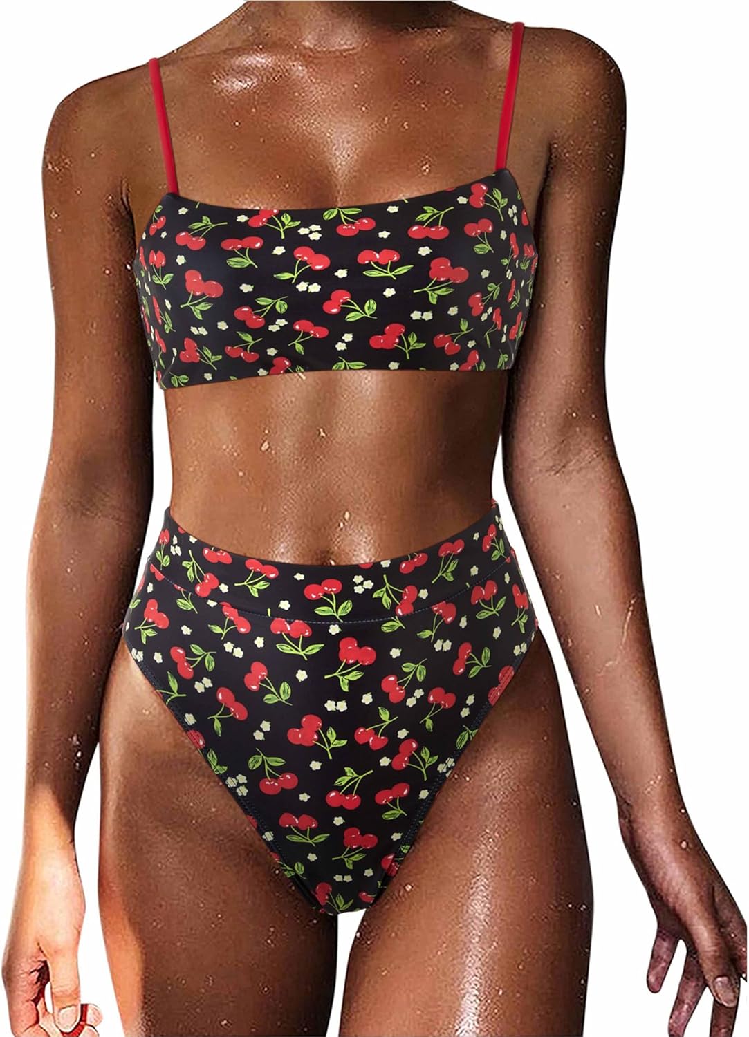 MOSHENGQI Women High Wasited Bikini Shoulder Strap 2 Piece High Cut String Swimsuits