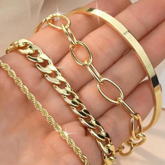 Chunky Gold Cuff Bracelet Stack Silver Chain Bangles Layered Cuban Link Jewelry