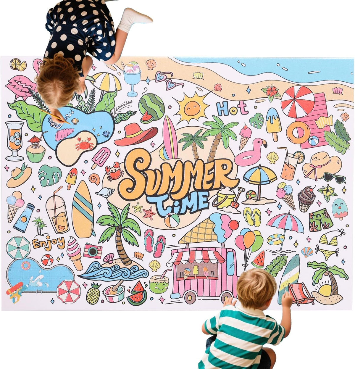 Hawaiian Coloring Poster, 43.3x31.5in Giant Summer Time Coloring Tablecloth Jumbo DIY Blank Paper Banner Large Wall Art for Kids Crafts Games Party Decorations Classroom Activities Supplies