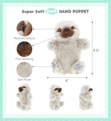 DolliBu Sloth Plush Hand Puppet - Super Soft Stuffed Animal Sloth Puppet Toy for Kids, Educational Cute Plush Puppets for Teaching, Games, and Shows