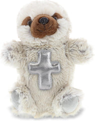 DolliBu Sloth Hand Puppet Stuffed Animal with Silver Cross and Personalization - Religious Baptism Gifts for Boys and Girls, Dedication Christening Gifts Plush Prayer Toy Healing Teddy Bear - 9 Inches