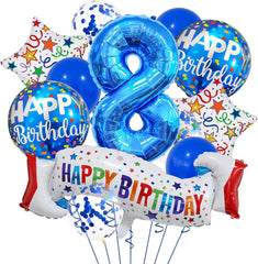 Happy 8th Birthday Balloon Colorful Banner Balloons Set 8th Year Old Birthday Blue Theme 8 Balloon Number 8 Foil Mylar Balloons Kids 8 Party Balloons Confetti Latex Mylar Balloons Party Supplies