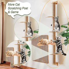 Cat Tree,Wall-Mounted Furniture,Tall Climbing Tower,Multi Tier Floor to Ceiling Post,Adjustable Wooden Frame with Scratching Platform for Indoor Pets