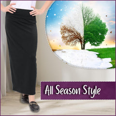 Kosher Casual Long Pencil Skirts for Women – Cotton Stretch Fabric Fitted Maxi Skirt with High-Waisted Fold-Over Waistband