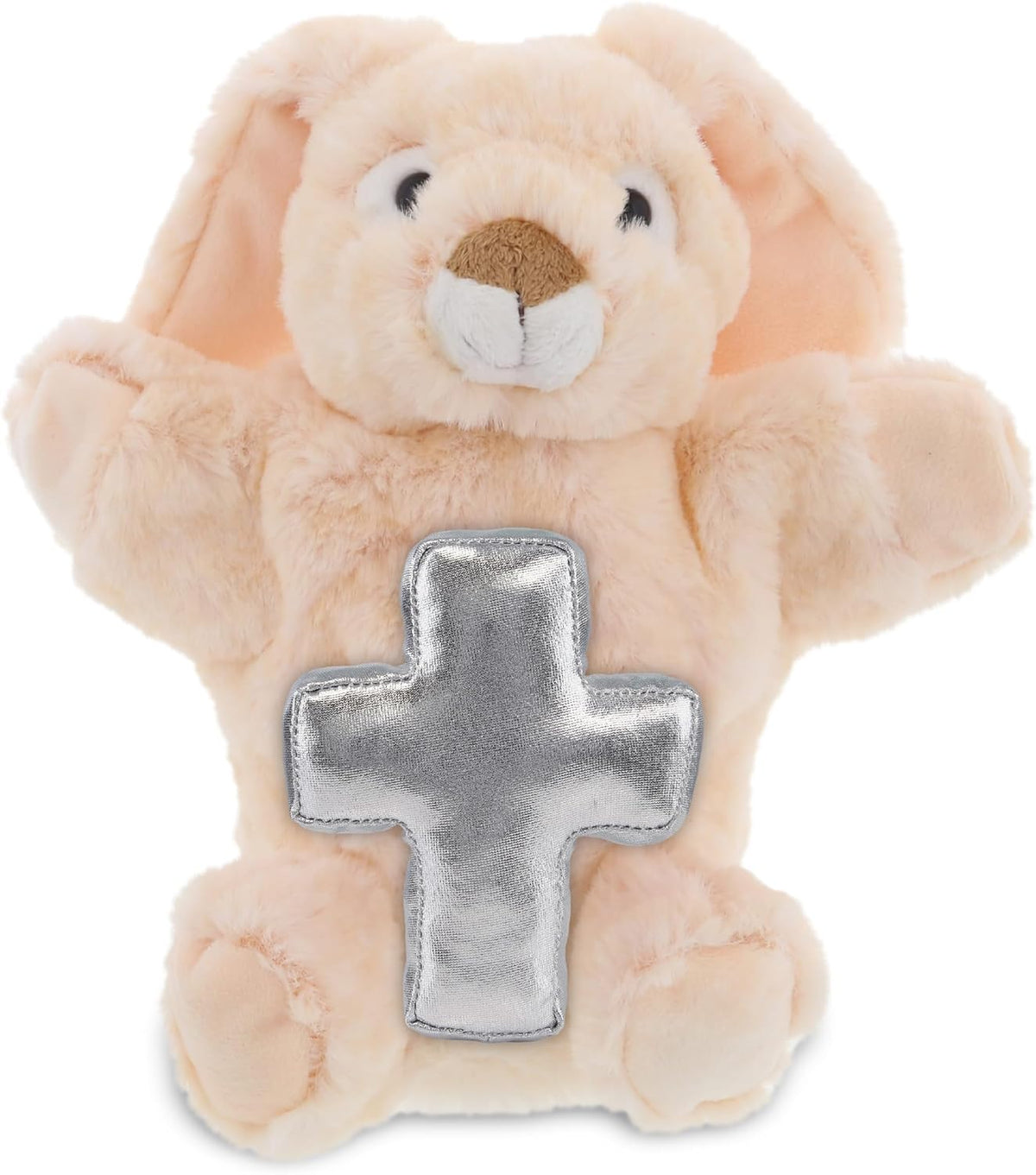DolliBu Rabbit Hand Puppet Stuffed Animal with Silver Cross and Personalization - Religious Baptism Gifts for Boys and Girls, Dedication Christening Gifts Plush Prayer Toy Healing Teddy Bear - 9 Inch