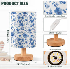 Elegant Blue Floral Bedside Table Lamp Small Desk Lamps Linen Fabric Shade Decorative Nightstand Lamp LED with USB Port Wood Base for Bedroom Living Room