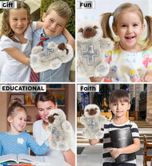 DolliBu Sloth Hand Puppet Stuffed Animal with Silver Cross and Personalization - Religious Baptism Gifts for Boys and Girls, Dedication Christening Gifts Plush Prayer Toy Healing Teddy Bear - 9 Inches